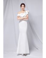 Ruffle One-Shoulder Mermaid Satin Gown in White