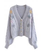 Stitched Flowers Braided Hand Knit Cardigan in Light Blue