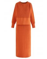 Comfy Ribbed Knit Top and Midi Skirt Set in Orange