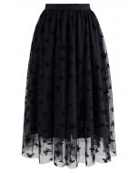 Velvet Butterfly Mesh Tulle Midi Skirt in Black