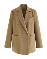 Solid Color Textured Double-Breasted Blazer in Tan