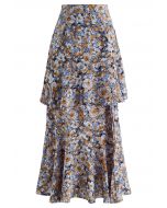 Floral Oil Painting Ruffle Maxi Skirt in Blue