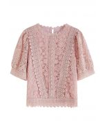 Scalloped Edge Floral Cutwork Top in Pink