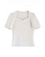 Square Neckline Puff Shoulder T-Shirt in Oatmeal