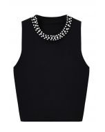 Pearly Neckline Knit Tank Top in Black