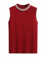 Pearl Embellished Mock Neck Sleeveless Knit Top in Burgundy