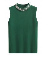 Pearl Embellished Mock Neck Sleeveless Knit Top in Dark Green