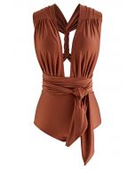 Lace-Up Deep V-Neck One-Piece Swimsuit in Caramel