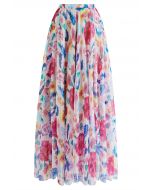 Colorful Blossom Printed Chiffon Maxi Skirt in Pink