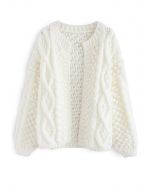 Wintry Morning Cable Knit Cardigan in White