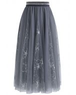 Dazzling Stars Tulle Midi Skirt in Grey