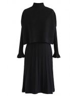 Mock Neck Pleated Knit Twinset Dress in Black